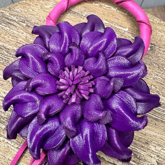 Purple Dahlia Leather Flower Purse Charm Genuine Leather Purple Flower Bag Charm - Picture 6 of 9